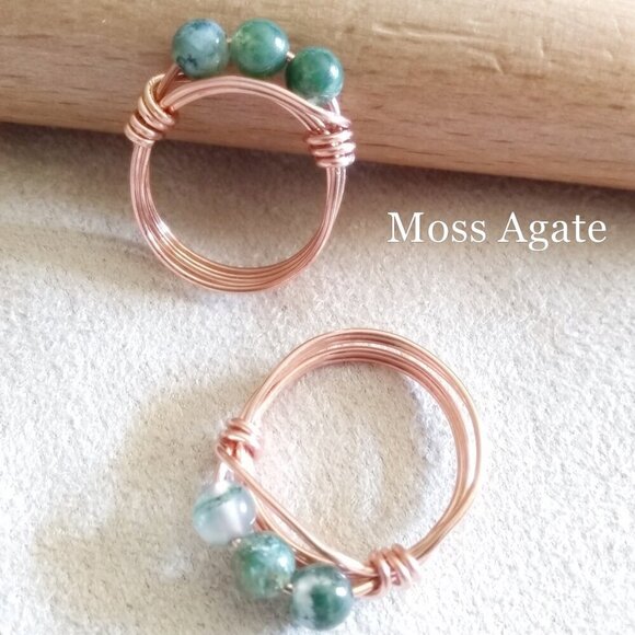 Slim Moss Agate Beaded Handmade Rings - Sturdy Every Day Wear! Copper or Brass! - Picture 8 of 12
